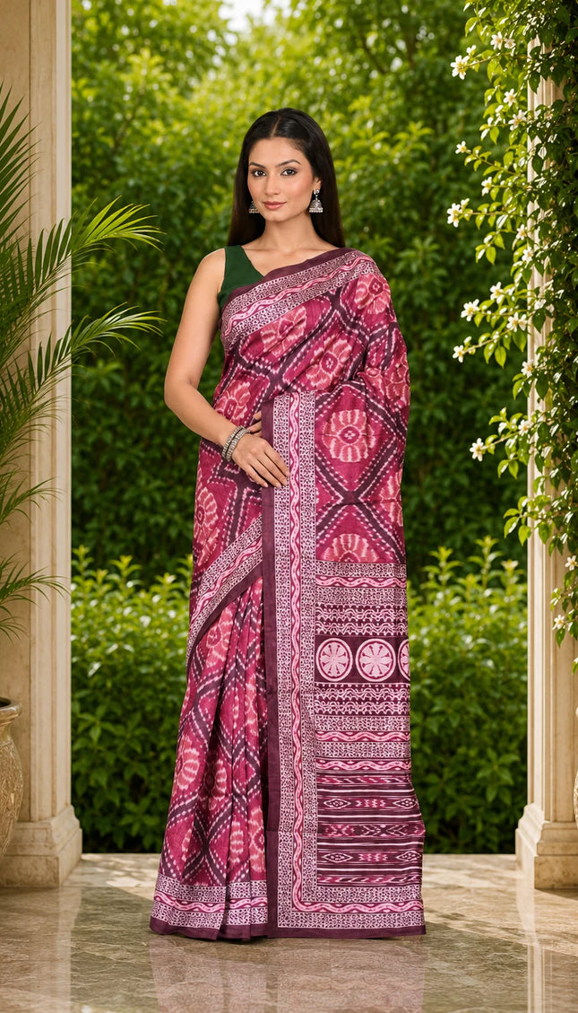 Magenta ikat silk saree with white floral diamond print, draped front view on model - KalamKantha

