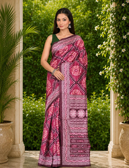 Magenta ikat silk saree with white floral diamond print, draped front view on model - KalamKantha

