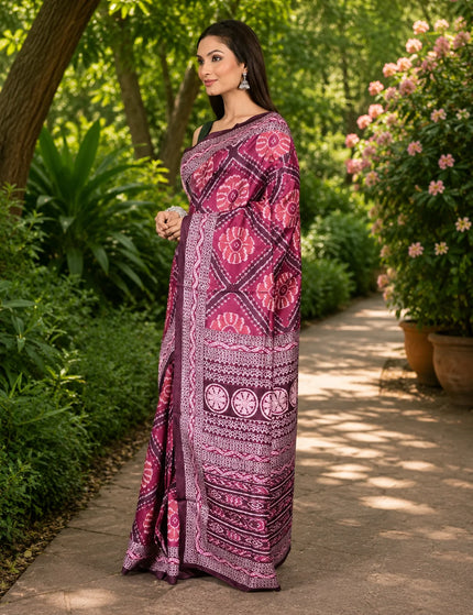 Magenta ikat silk saree side view showing full drape, pleats and printed pallu fall - KalamKantha

