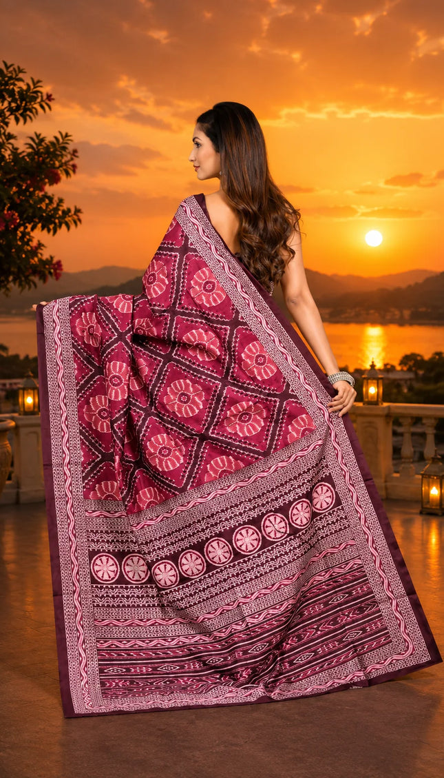 Magenta ikat silk saree back view, pallu spread showing floral medallion motifs and wide printed border - KalamKantha


