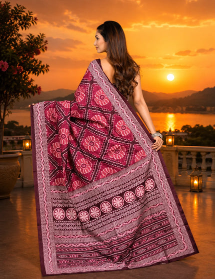 Magenta ikat silk saree back view, pallu spread showing floral medallion motifs and wide printed border - KalamKantha

