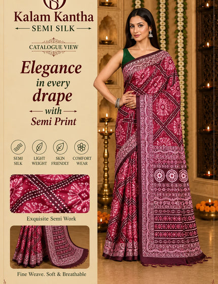 Kalam Kantha semi silk saree catalogue banner, magenta semi print with weave and border detail insets - KalamKantha