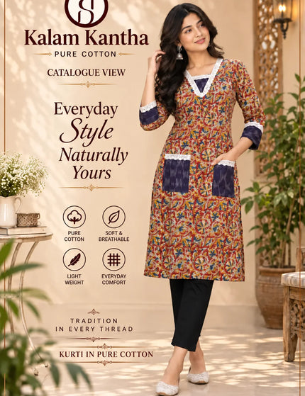 Durga Puja Rust Floral Pure Cotton Designer Pocket Kurti – KalamKantha