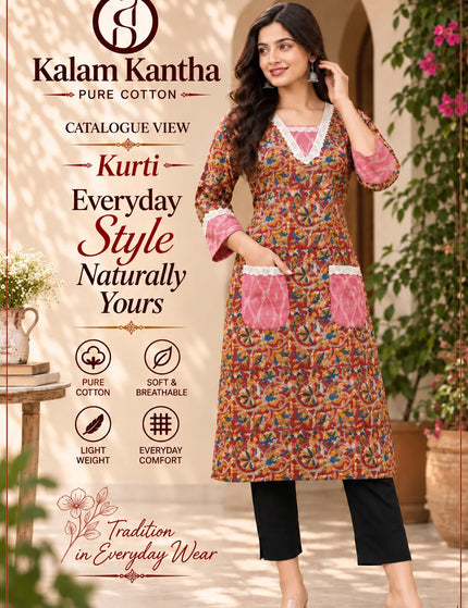 Durga Puja Rust-Pink Floral Pure Cotton Pocket Kurti – KalamKantha