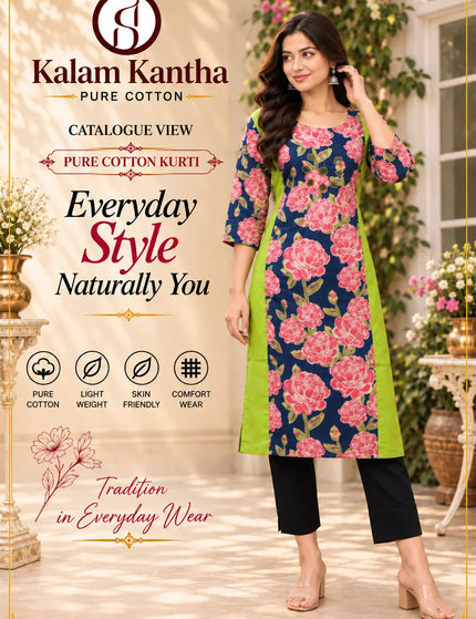 Artisan Mirror Work Pure Cotton Kurti – Navy Pink Lime – KalamKantha