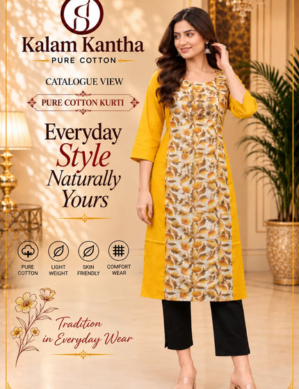 Artisan Mirror Work Pure Cotton Kurti – Mustard Ivory – KalamKantha
