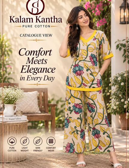 Yellow-Teal Painted Kalamkari Pure Cotton Palazzo Set – KalamKantha