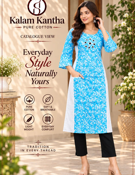 Artisan Mirror Work Pure Cotton Kurti – Aqua White – KalamKantha