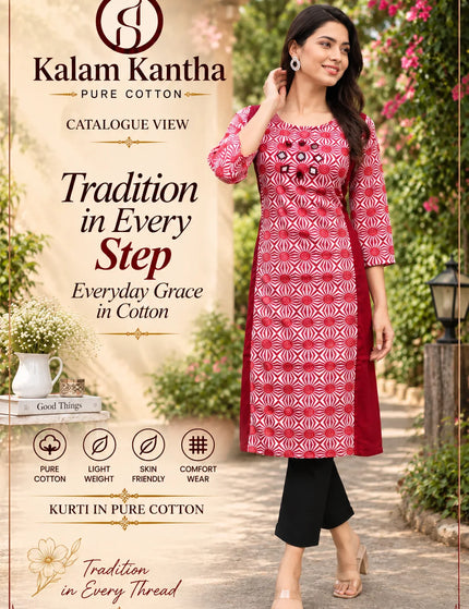 Artisan Mirror Work Pure Cotton Kurti – Crimson Ivory – KalamKantha