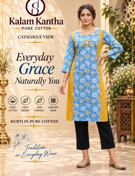 Artisan Mirror Work Pure Cotton Kurti – Sky Blue – KalamKantha