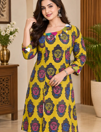 Yellow Kathakali pure cotton gown – front and print detail – KalamKantha