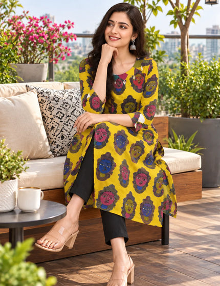 Yellow Kathakali pure cotton gown – seated front view – KalamKantha
