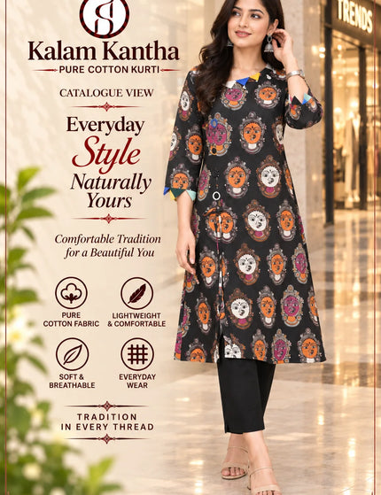Black Kathakali pure cotton gown – seated front view – KalamKantha