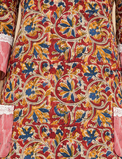 Durga Puja Rust-Pink Floral Pure Cotton Pocket Kurti – KalamKantha