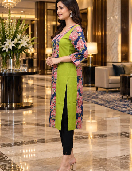 Artisan Mirror Work Pure Cotton Kurti – Navy Pink Lime – KalamKantha