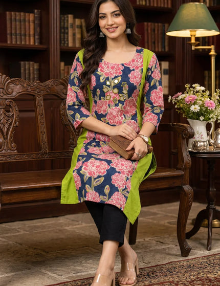 Artisan Mirror Work Pure Cotton Kurti – Navy Pink Lime – KalamKantha