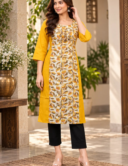 Artisan Mirror Work Pure Cotton Kurti – Mustard Ivory – KalamKantha