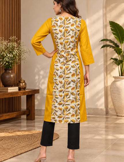 Artisan Mirror Work Pure Cotton Kurti – Mustard Ivory – KalamKantha
