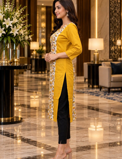Artisan Mirror Work Pure Cotton Kurti – Mustard Ivory – KalamKantha