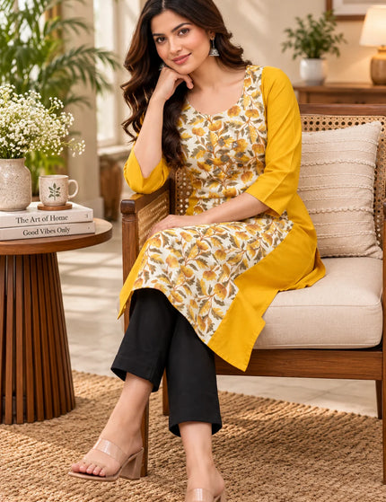 Artisan Mirror Work Pure Cotton Kurti – Mustard Ivory – KalamKantha