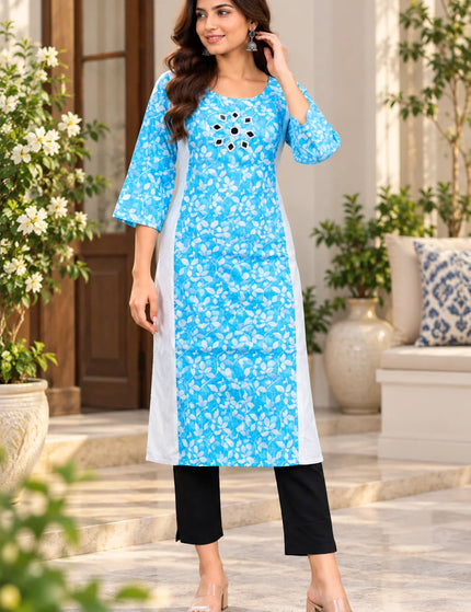 Artisan Mirror Work Pure Cotton Kurti – Aqua White – KalamKantha