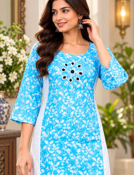 Artisan Mirror Work Pure Cotton Kurti – Aqua White – KalamKantha