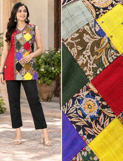 Durga Puja Crimson Patchwork Pure Cotton Tunic Top – KalamKantha