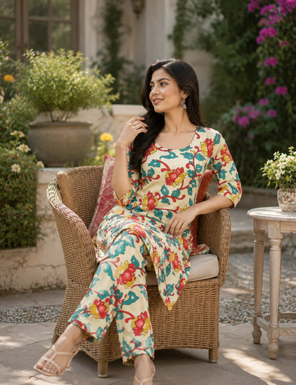Seated three-quarter front view of a model wearing the ivory floral kurta and matching Patiala pants outdoors