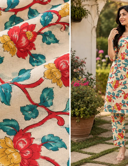 Close-up of red and mustard floral print beside a full-length front view of the ivory cotton kurta and Patiala pant set
