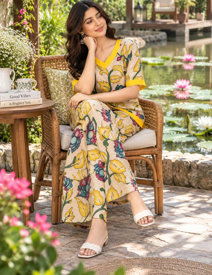 Yellow-Teal Painted Kalamkari Pure Cotton Palazzo Set – KalamKantha