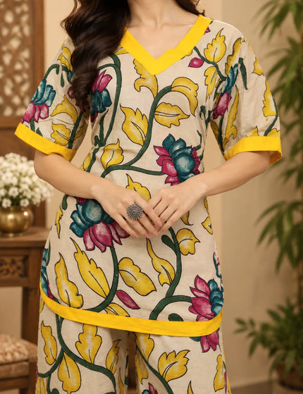 Yellow-Teal Painted Kalamkari Pure Cotton Palazzo Set – KalamKantha