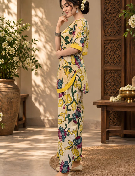 Yellow-Teal Painted Kalamkari Pure Cotton Palazzo Set – KalamKantha
