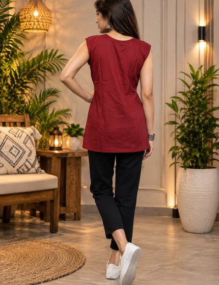 Durga Puja Maroon Patchwork Pure Cotton Tunic Top – KalamKantha
