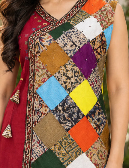 Durga Puja Maroon Patchwork Pure Cotton Tunic Top – KalamKantha