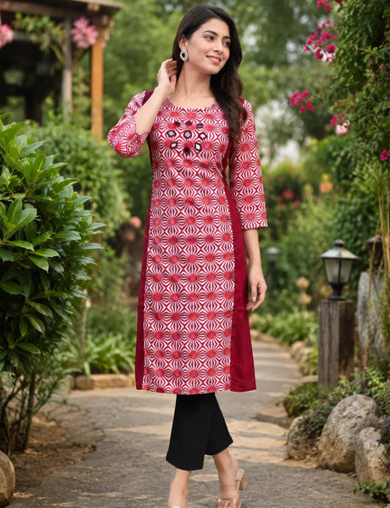 Artisan Mirror Work Pure Cotton Kurti – Crimson Ivory – KalamKantha