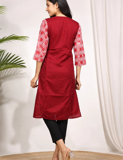 Artisan Mirror Work Pure Cotton Kurti – Crimson Ivory – KalamKantha