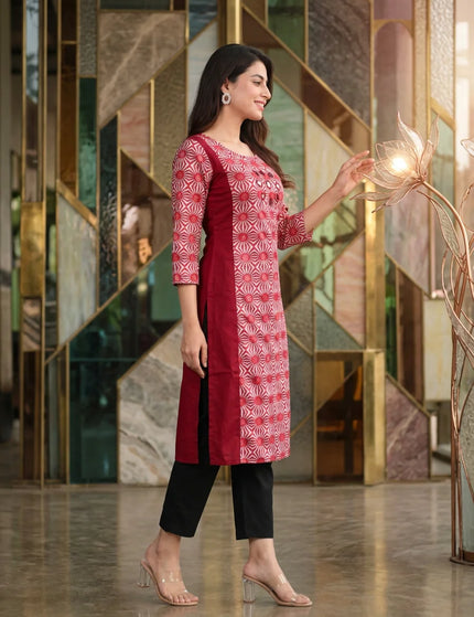 Artisan Mirror Work Pure Cotton Kurti – Crimson Ivory – KalamKantha