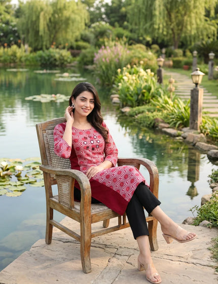 Artisan Mirror Work Pure Cotton Kurti – Crimson Ivory – KalamKantha