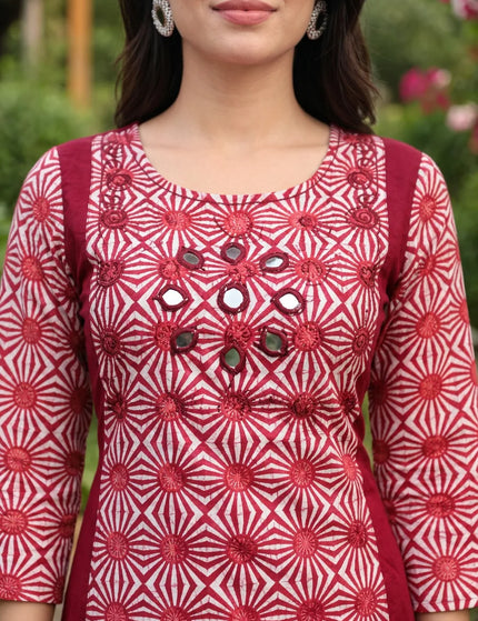 Artisan Mirror Work Pure Cotton Kurti – Crimson Ivory – KalamKantha