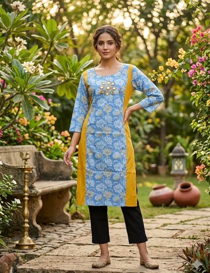 Artisan Mirror Work Pure Cotton Kurti – Sky Blue – KalamKantha
