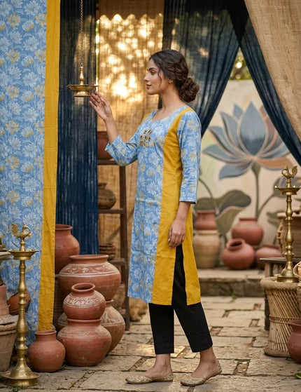 Artisan Mirror Work Pure Cotton Kurti – Sky Blue – KalamKantha