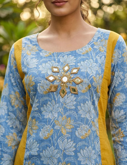 Artisan Mirror Work Pure Cotton Kurti – Sky Blue – KalamKantha
