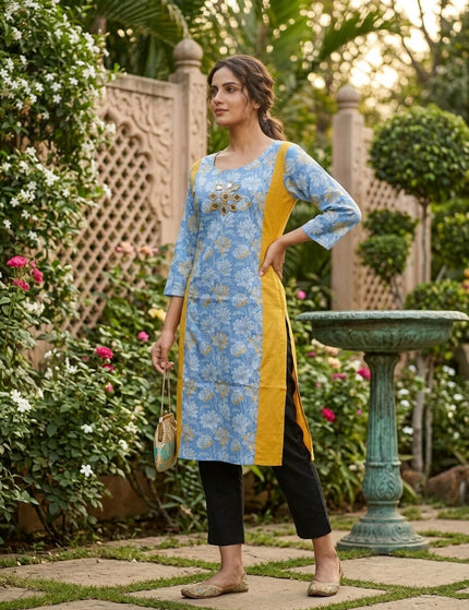 Artisan Mirror Work Pure Cotton Kurti – Sky Blue – KalamKantha