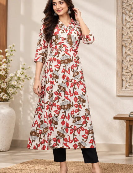Durga Puja Ivory-Red Pure Cotton Collared Frock Dress – KalamKantha