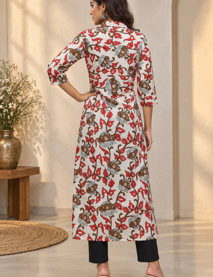 Durga Puja Ivory-Red Pure Cotton Collared Frock Dress – KalamKantha