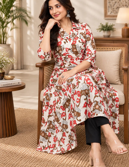 Durga Puja Ivory-Red Pure Cotton Collared Frock Dress – KalamKantha