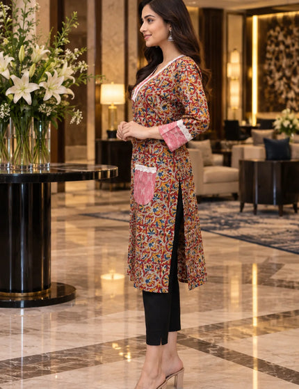 Durga Puja Rust-Pink Floral Pure Cotton Pocket Kurti – KalamKantha