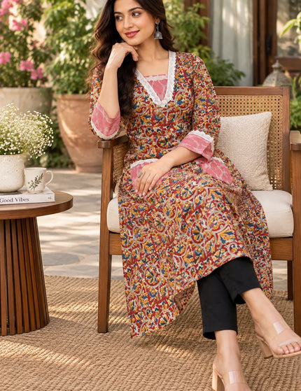Durga Puja Rust-Pink Floral Pure Cotton Pocket Kurti – KalamKantha