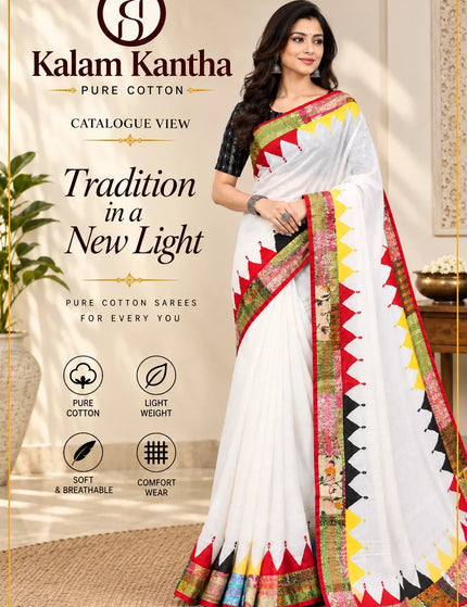 White Kerala Cotton Applique Saree – KalamKantha