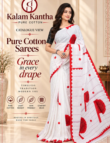 White and Red Khadi Applique Pakha Saree | Durga Puja Special